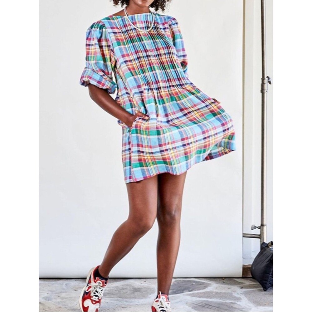 Clare V Francoise Dress Small Madras Plaid Pockets Summer Coastal Beach Picnic